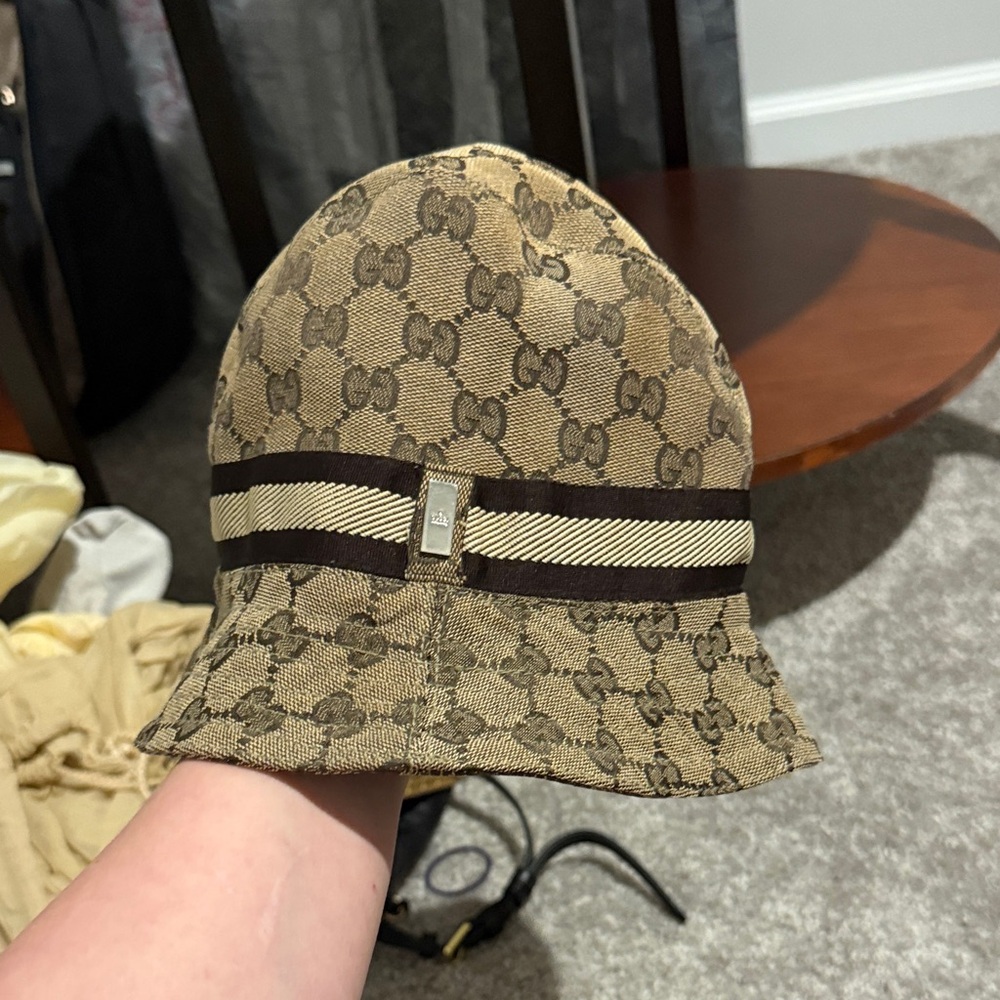 Gucci Brown Monogram Canvas Bucket Hat with Web Stripe